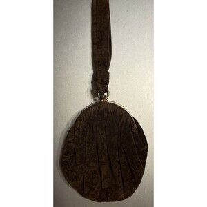 Antique Velvet BROWN HANDLED PURSE Wristlet w Brass Clasp Closure 1950s 4x4.5”